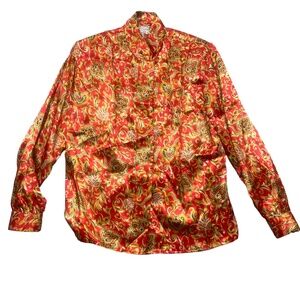 Laura & Jayne‎ 8 VTG 100% Polyester Red Gold Blouse Covered Buttons on Sleeve